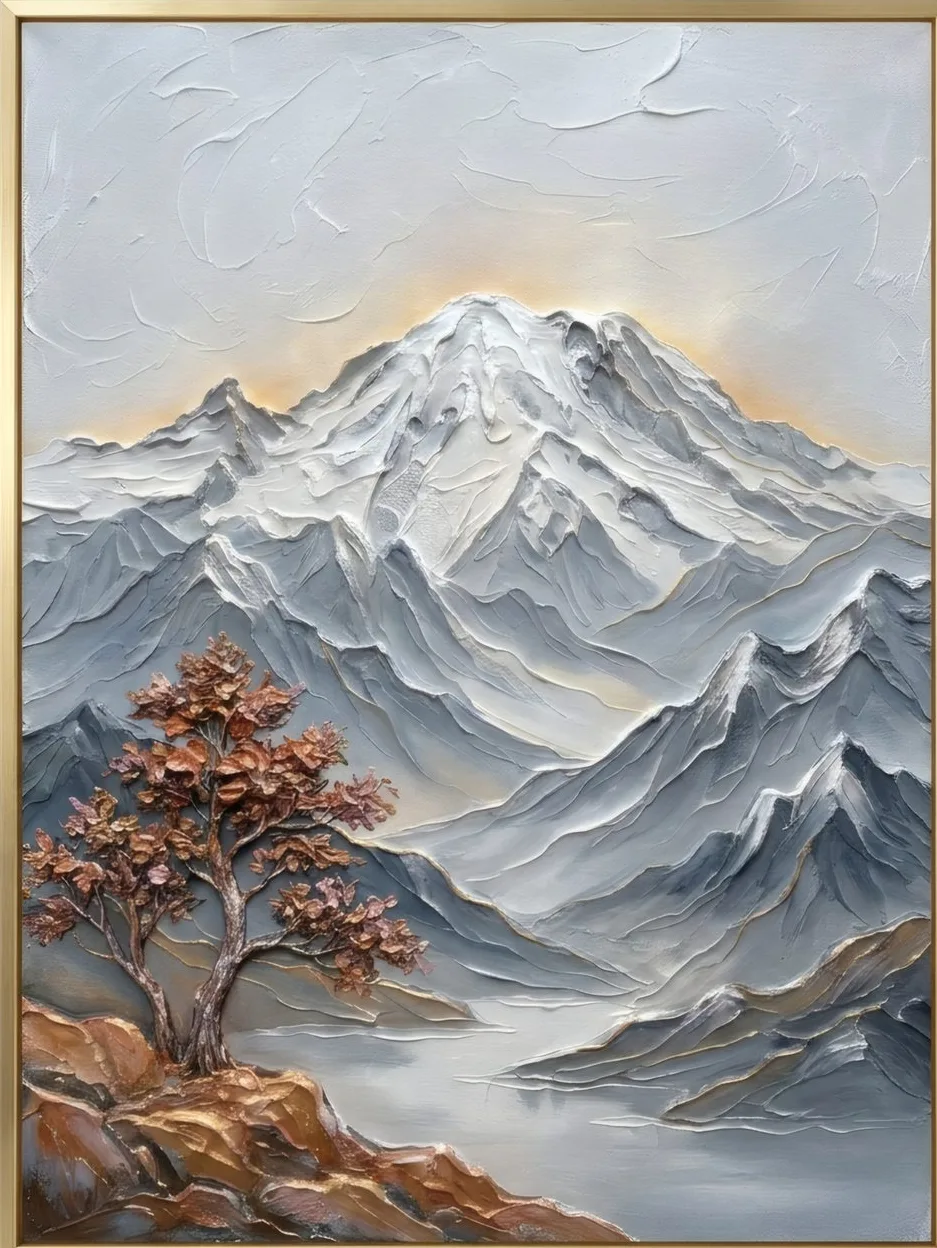 A painted snow range above a single red autumn tree.