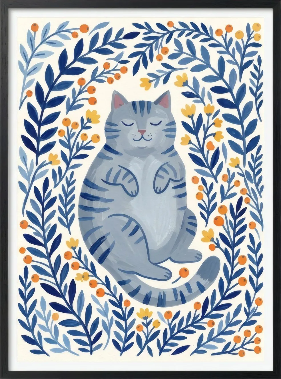 Blue Cat, Leaves, art print