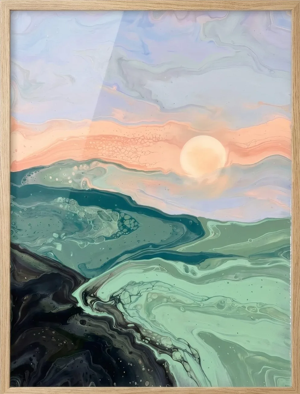 Layered pastel ridgelines in rose, sage and sand.