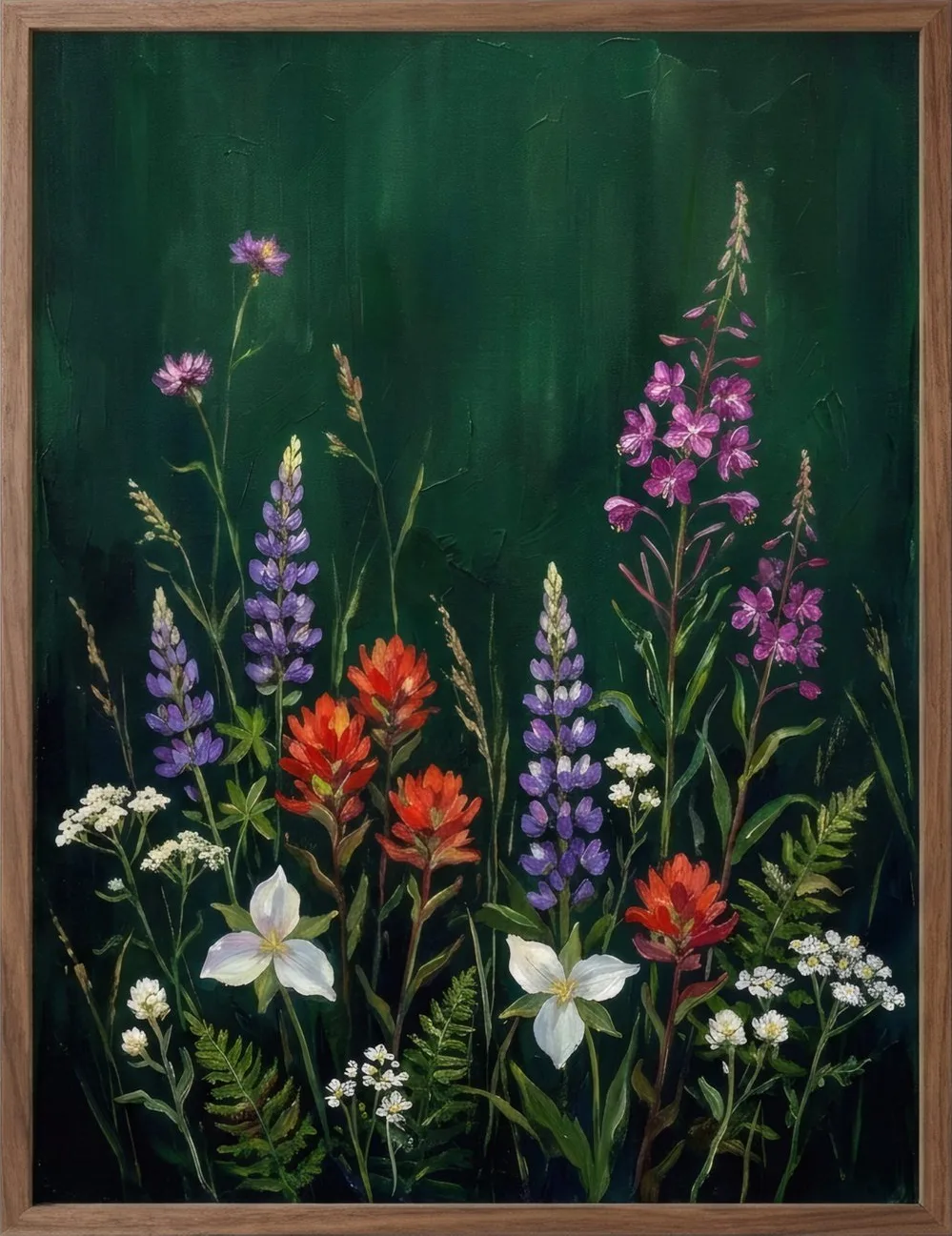 Wildflowers in red, white and lilac against deep green.