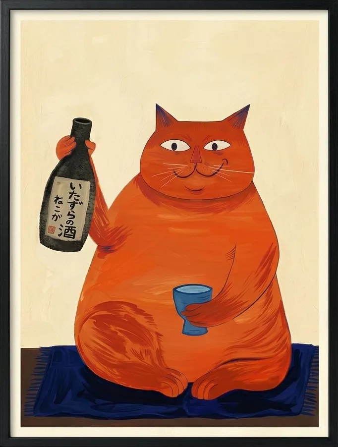 Orange Cat, Bottle, art print