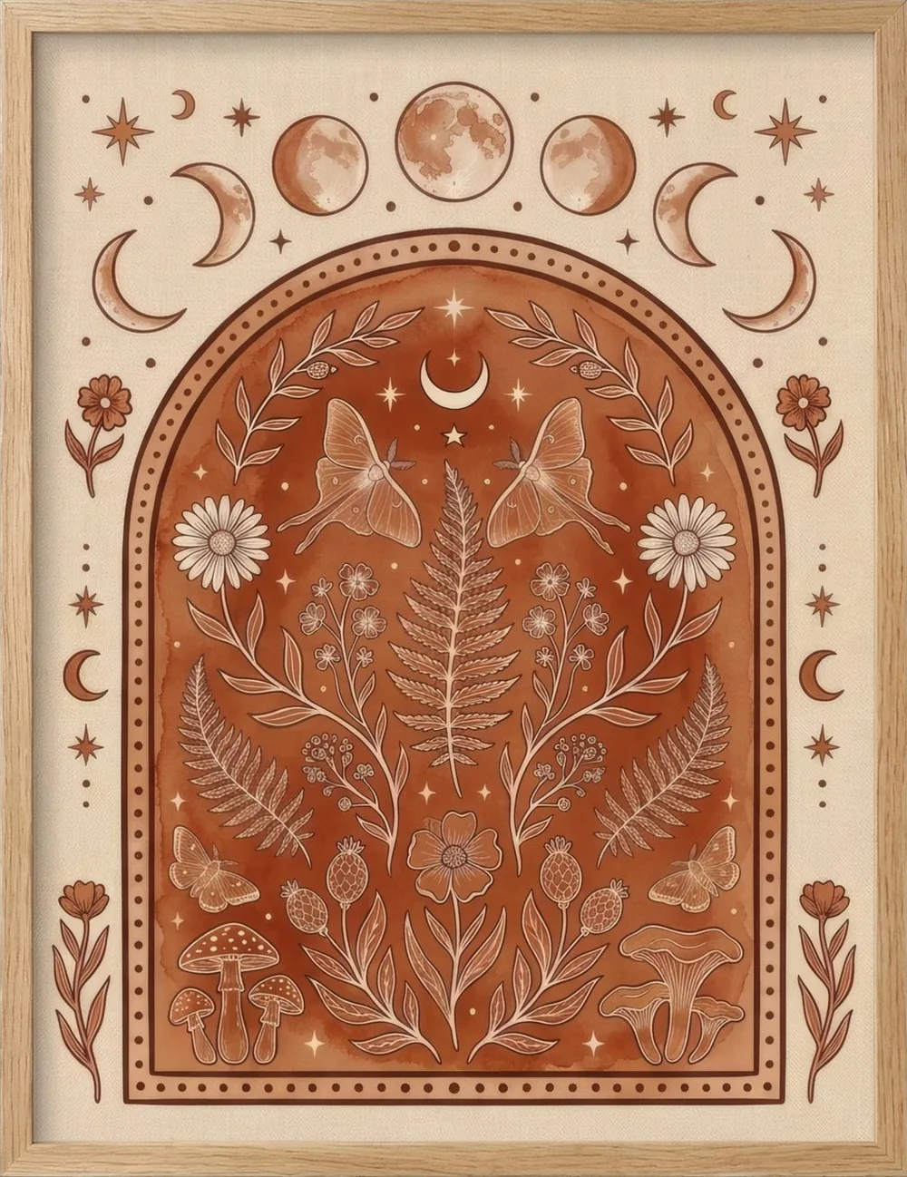 A symmetrical terracotta arch of leaves, moons and seed forms.