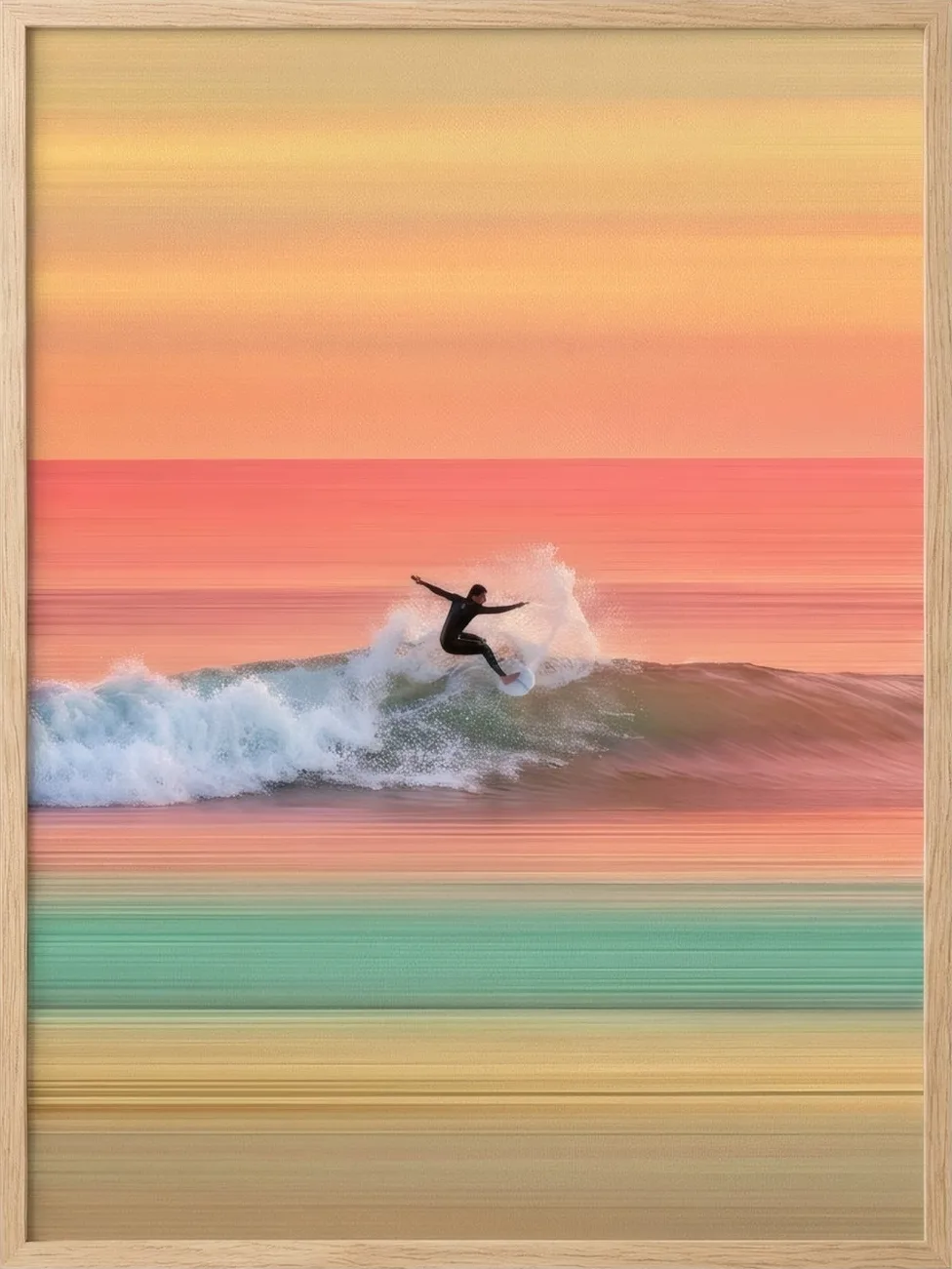 A lone surfer on a small wave under a coral and mint sunset.