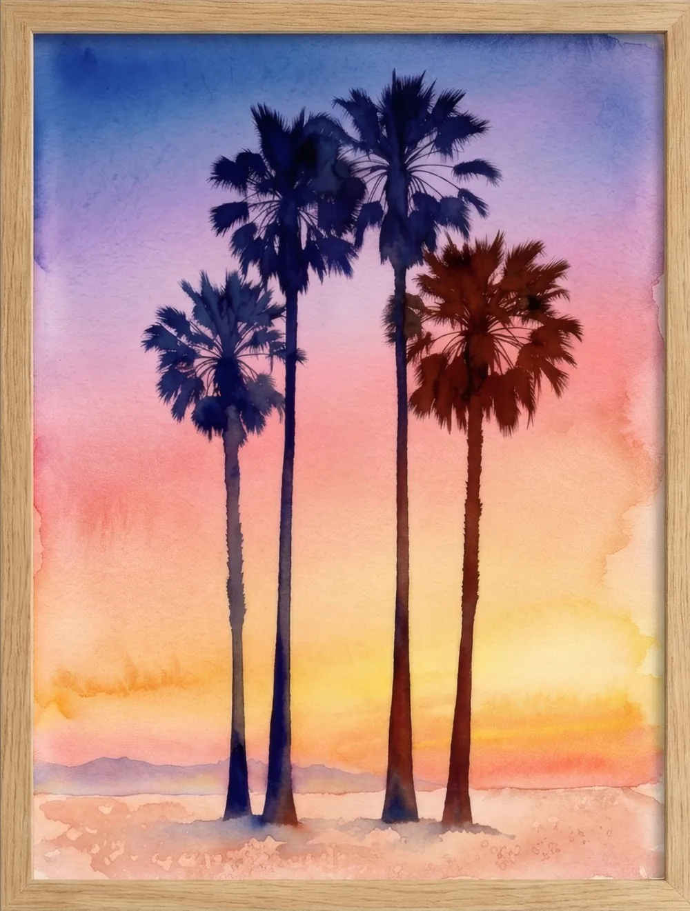 Four palm trees against a violet and amber dusk sky.