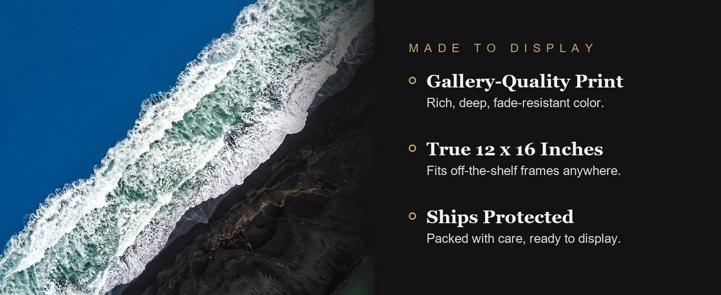Made to display: gallery-quality print, true 12 x 16 inches, ships protected.