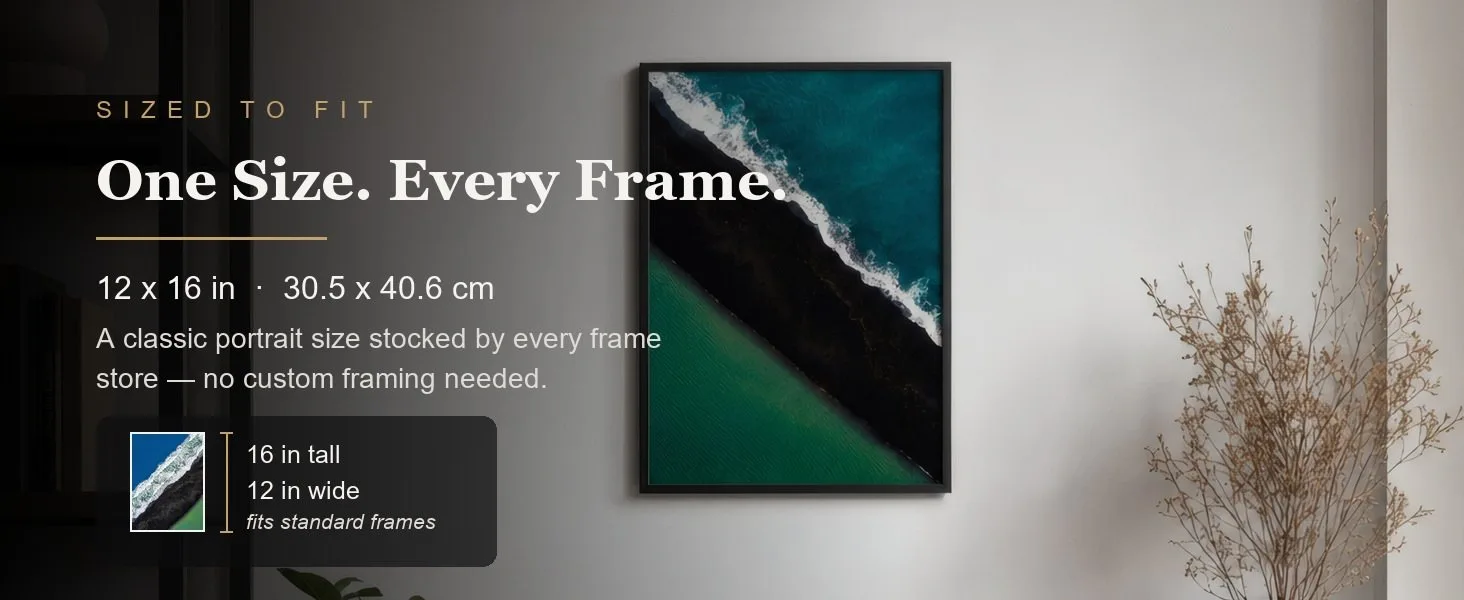 Sized to fit: 12 x 16 in, 30.5 x 40.6 cm, a standard portrait size stocked by every frame store.