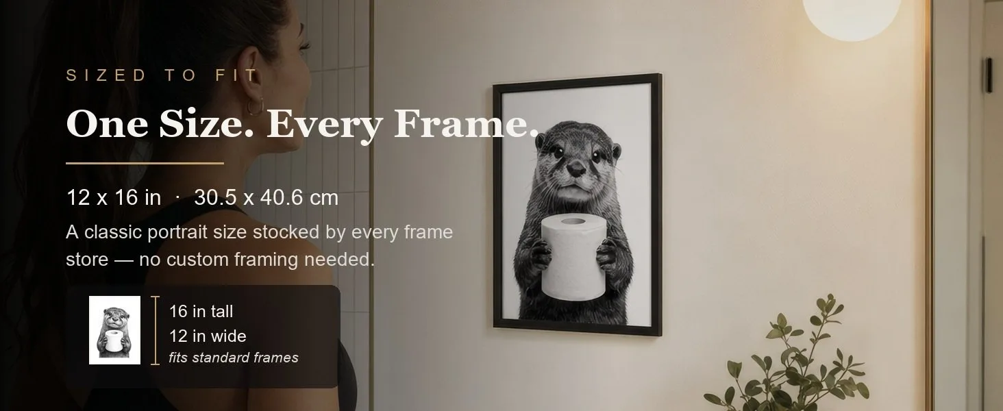 Sized to fit: 12 x 16 in, 30.5 x 40.6 cm, a standard portrait size stocked by every frame store.