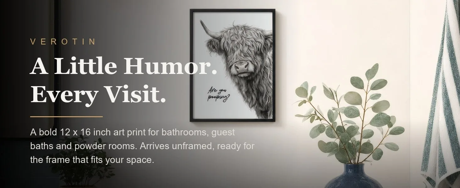 Are You Peeping? Highland Cow in a styled room. Arrives unframed, 12 x 16 in.