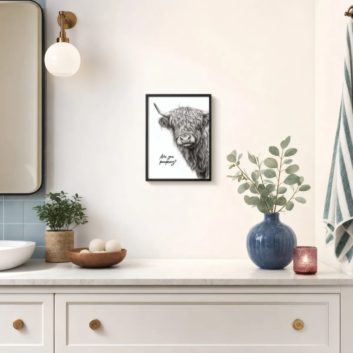 Are You Peeping? Highland Cow: Styled room, from the listing. Frame not included