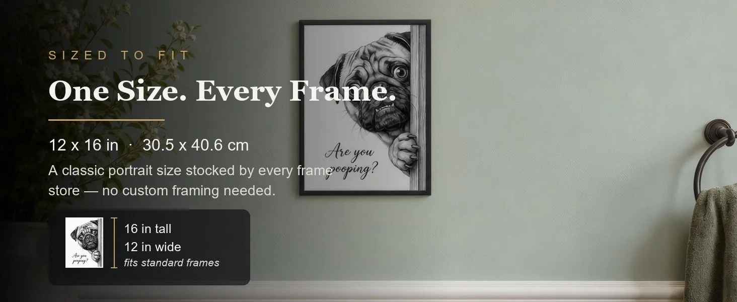 Sized to fit: 12 x 16 in, 30.5 x 40.6 cm, a standard portrait size stocked by every frame store.