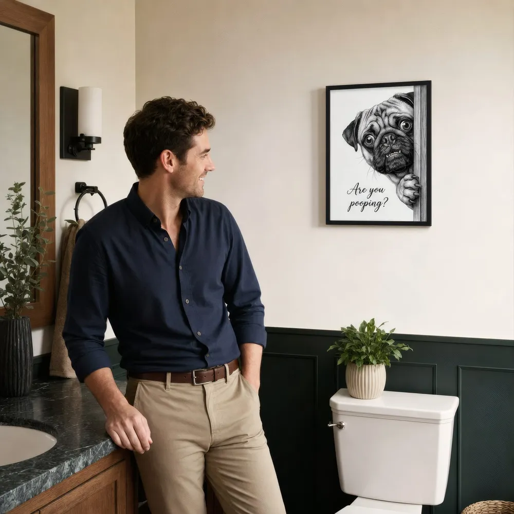 Are You Peeping? Pug: Styled room, from the listing. Frame not included