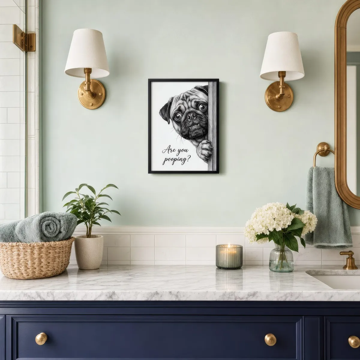 Are You Peeping? Pug: Styled room, from the listing. Frame not included