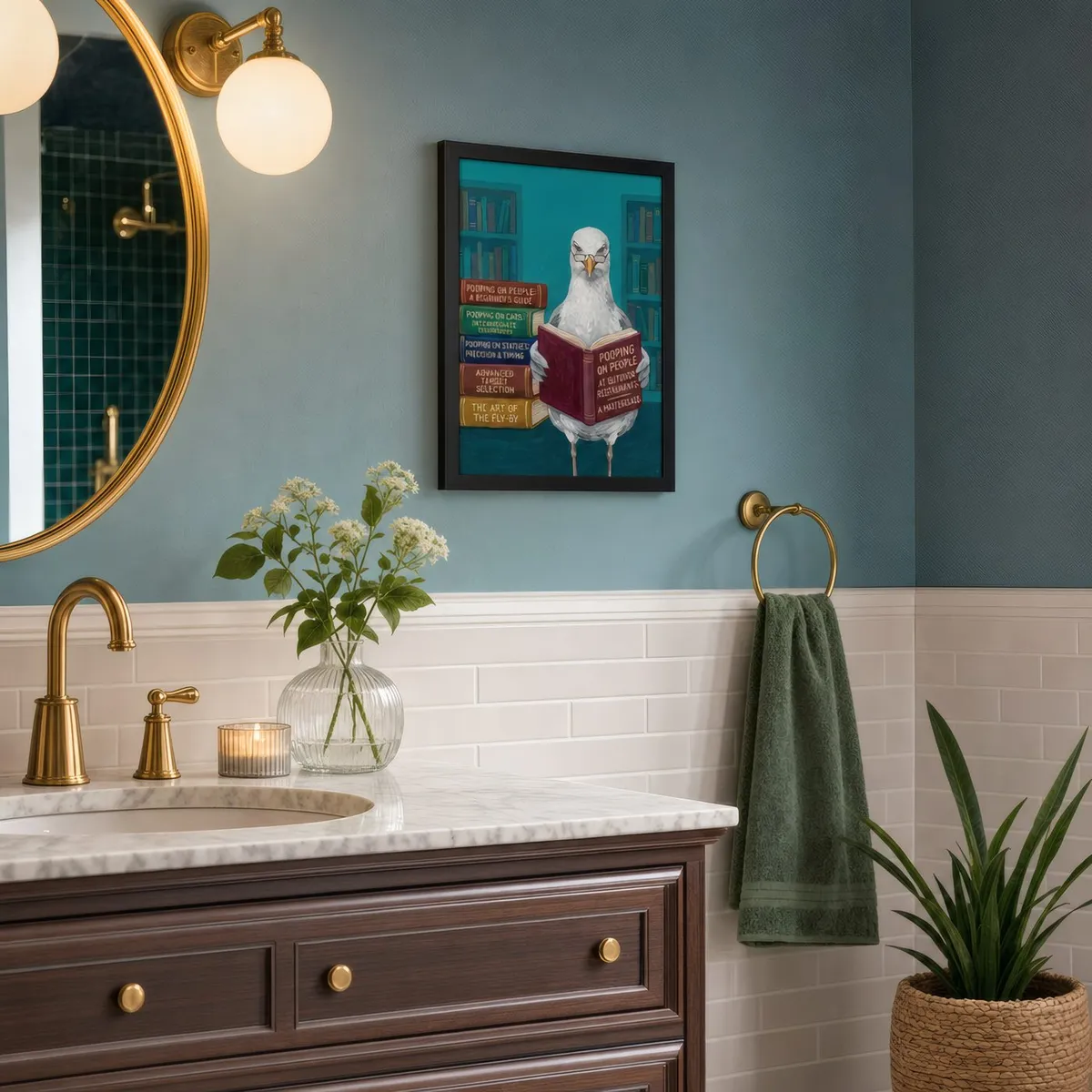 A bathroom with a VeroTin art print on the wall.