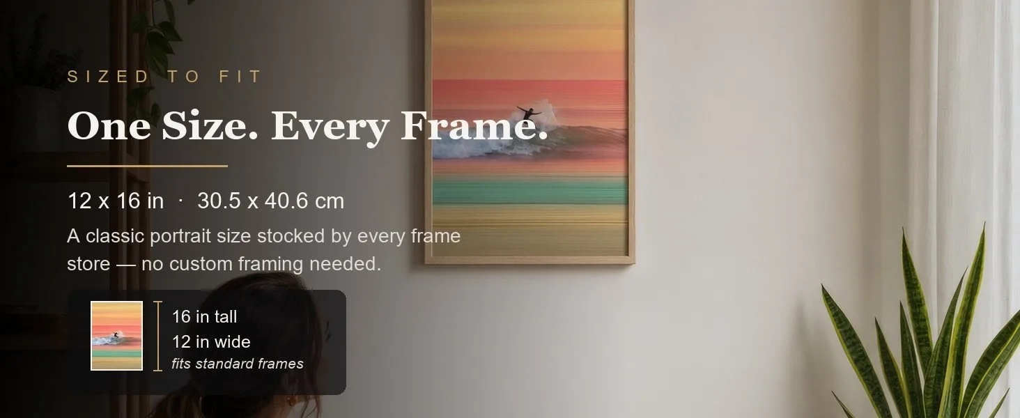 Sized to fit: 12 x 16 in, 30.5 x 40.6 cm, a standard portrait size stocked by every frame store.