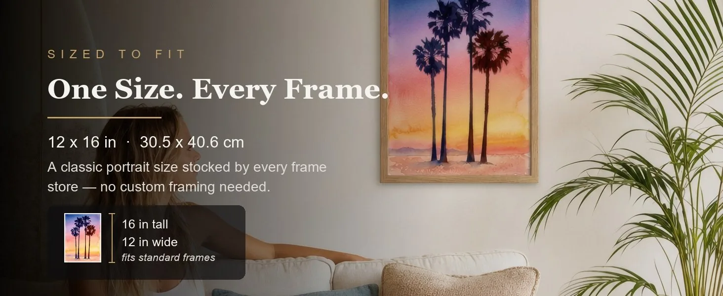 Sized to fit: 12 x 16 in, 30.5 x 40.6 cm, a standard portrait size stocked by every frame store.