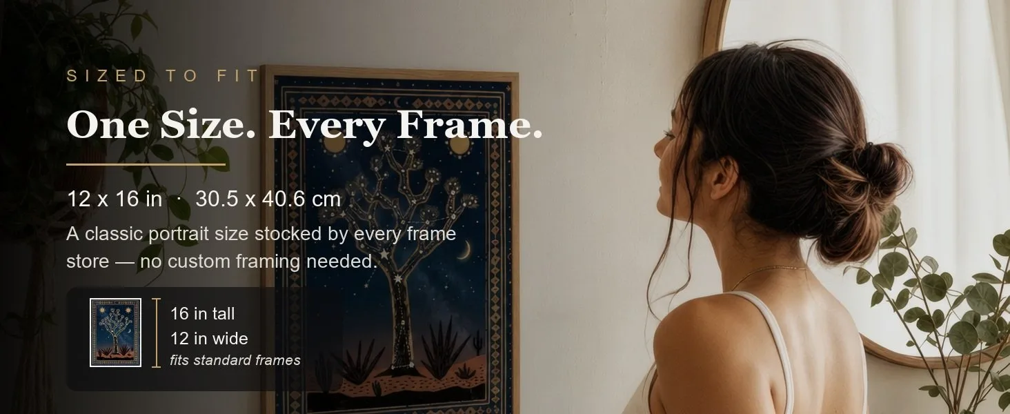 Sized to fit: 12 x 16 in, 30.5 x 40.6 cm, a standard portrait size stocked by every frame store.