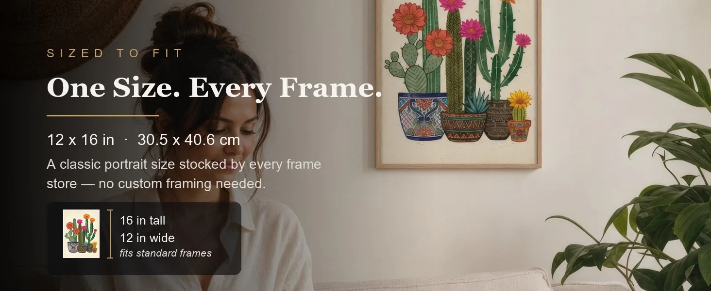 Sized to fit: 12 x 16 in, 30.5 x 40.6 cm, a standard portrait size stocked by every frame store.