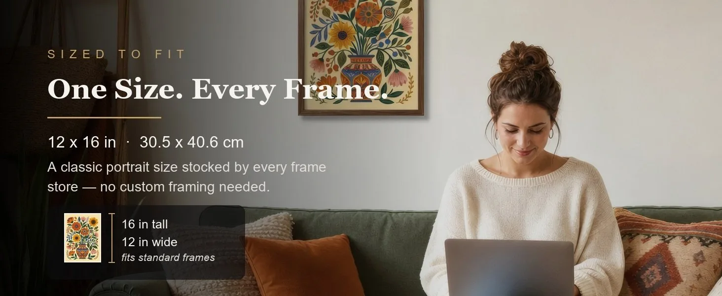 Sized to fit: 12 x 16 in, 30.5 x 40.6 cm, a standard portrait size stocked by every frame store.