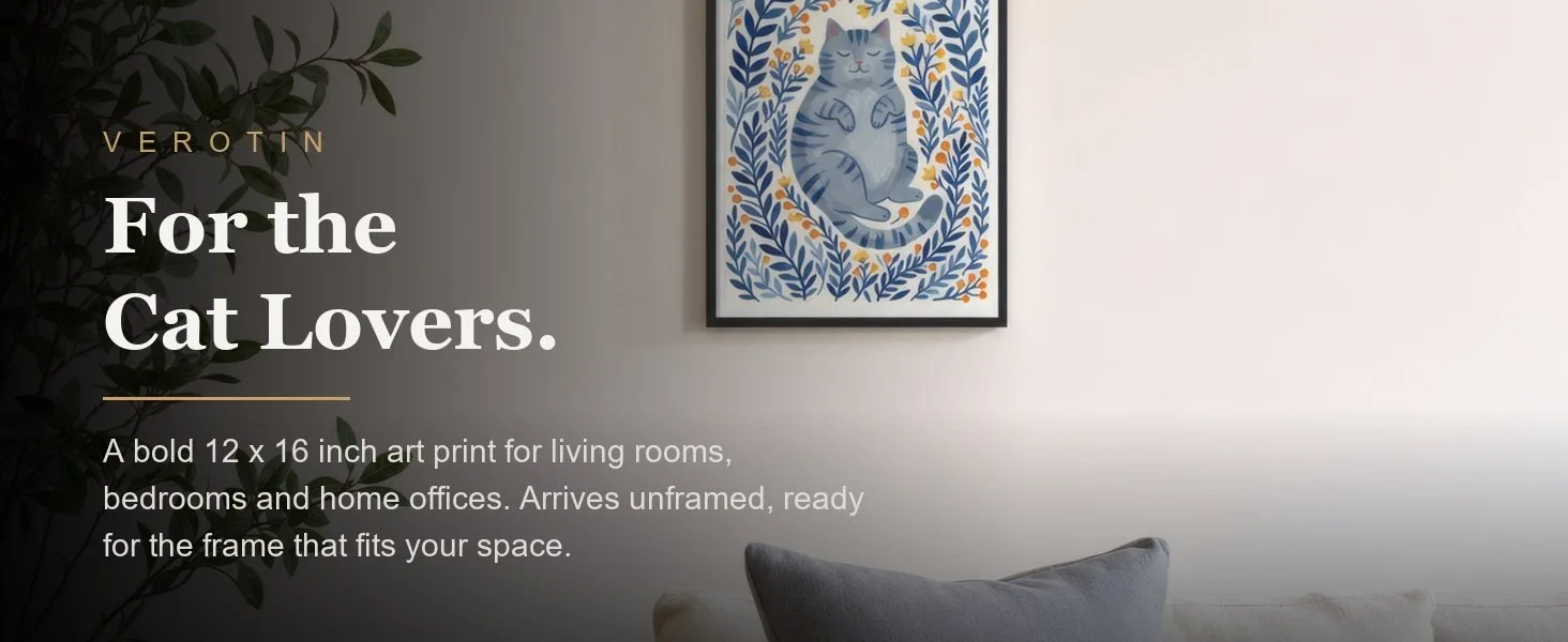 Blue Cat, Leaves in a styled room. Arrives unframed, 12 x 16 in.