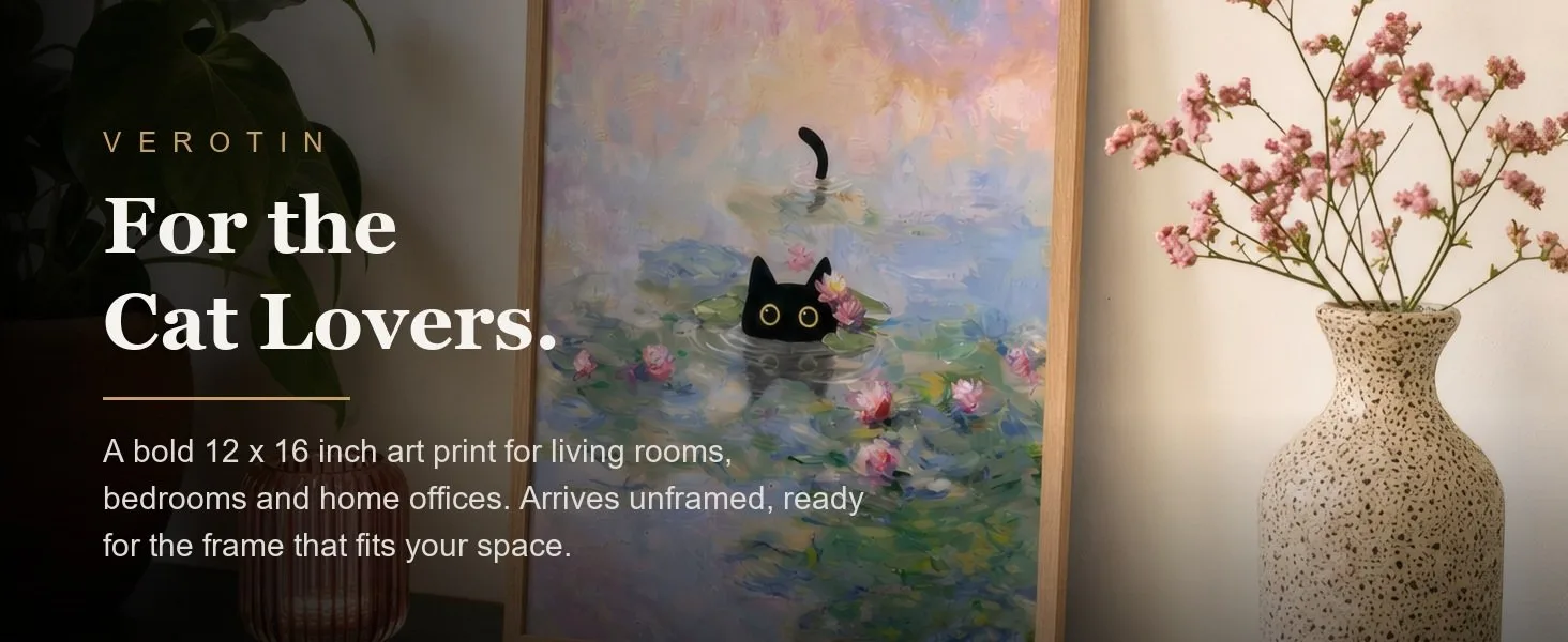 Cat at the Lily Pond in a styled room. Arrives unframed, 12 x 16 in.