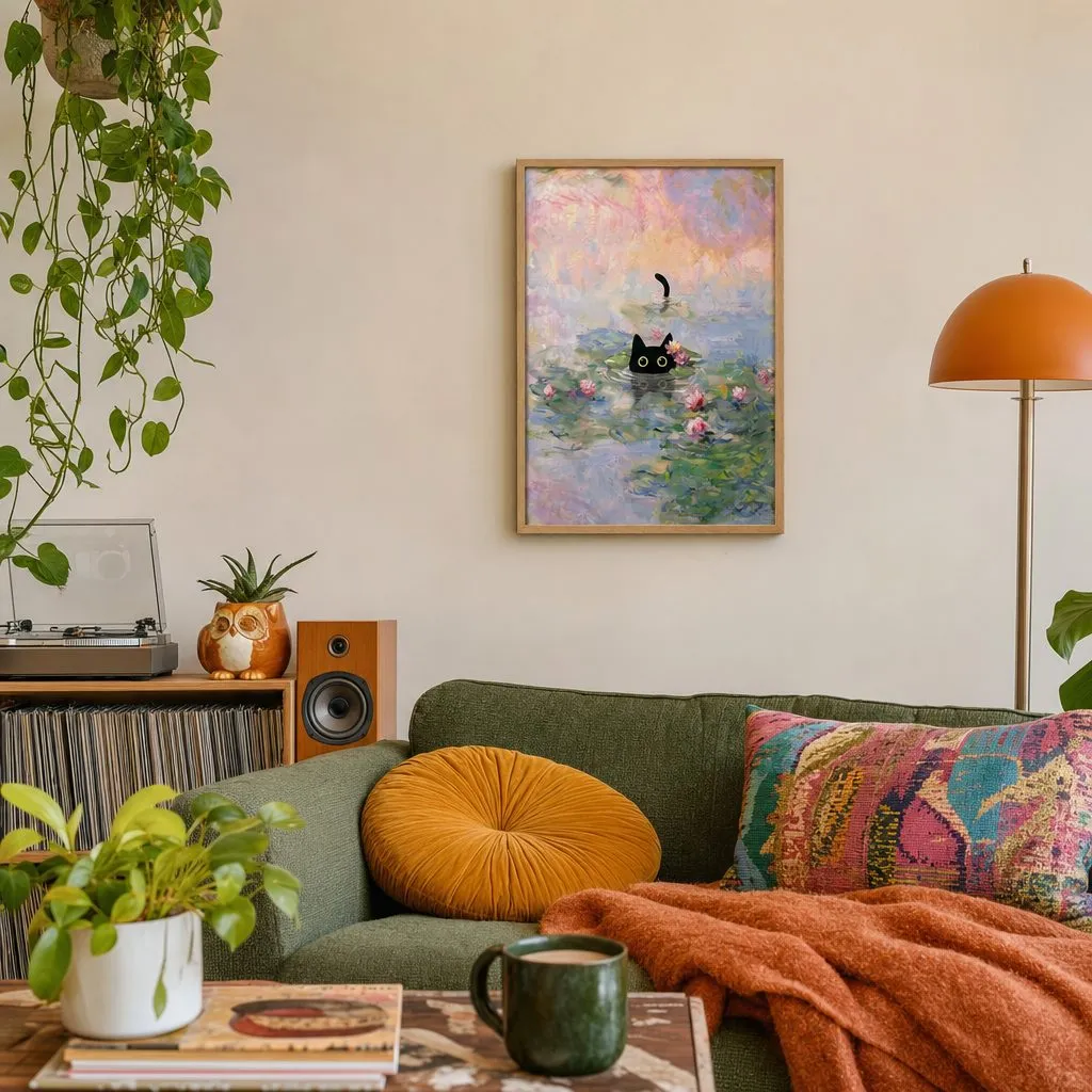 Cat at the Lily Pond: In a public space, from the listing. Frame not included