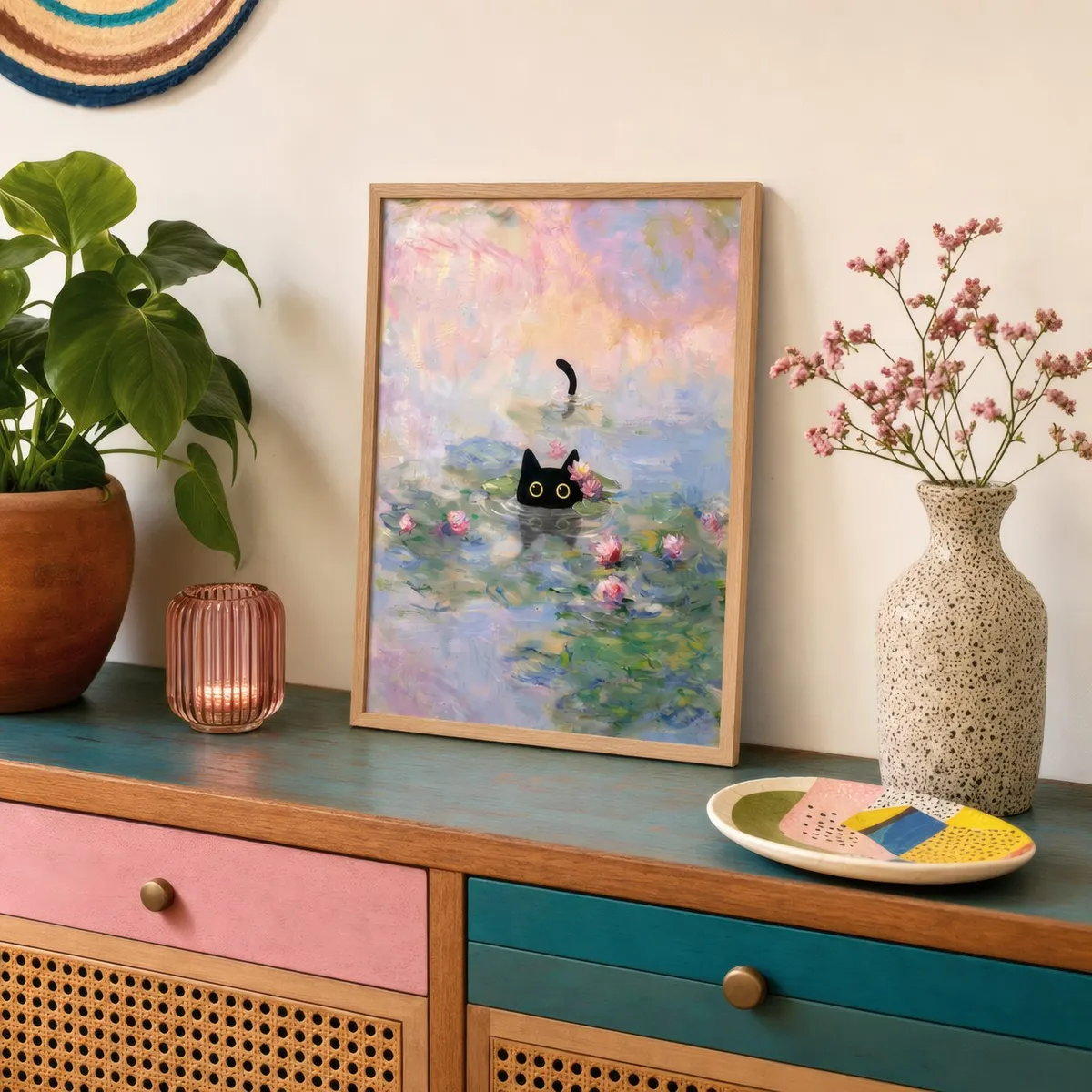 A kitchen & dining with a VeroTin art print on the wall.