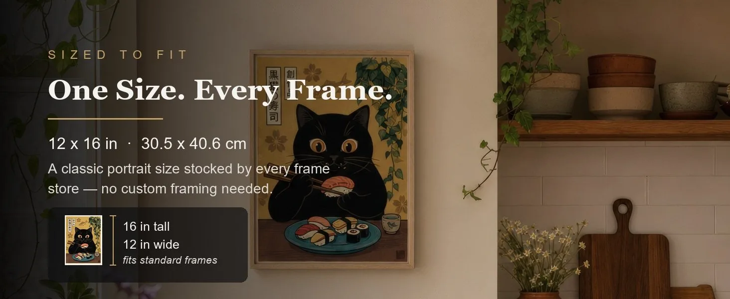 Sized to fit: 12 x 16 in, 30.5 x 40.6 cm, a standard portrait size stocked by every frame store.