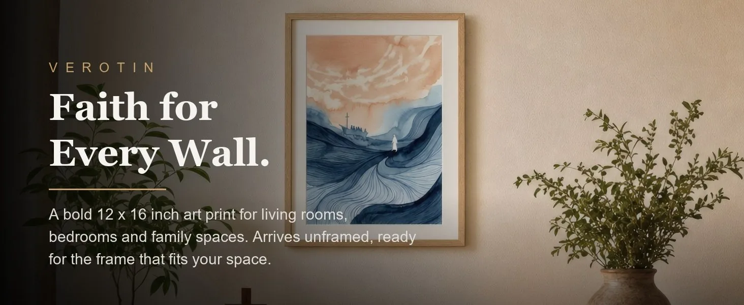 Calm the Storm in a styled room. Arrives unframed, 12 x 16 in.