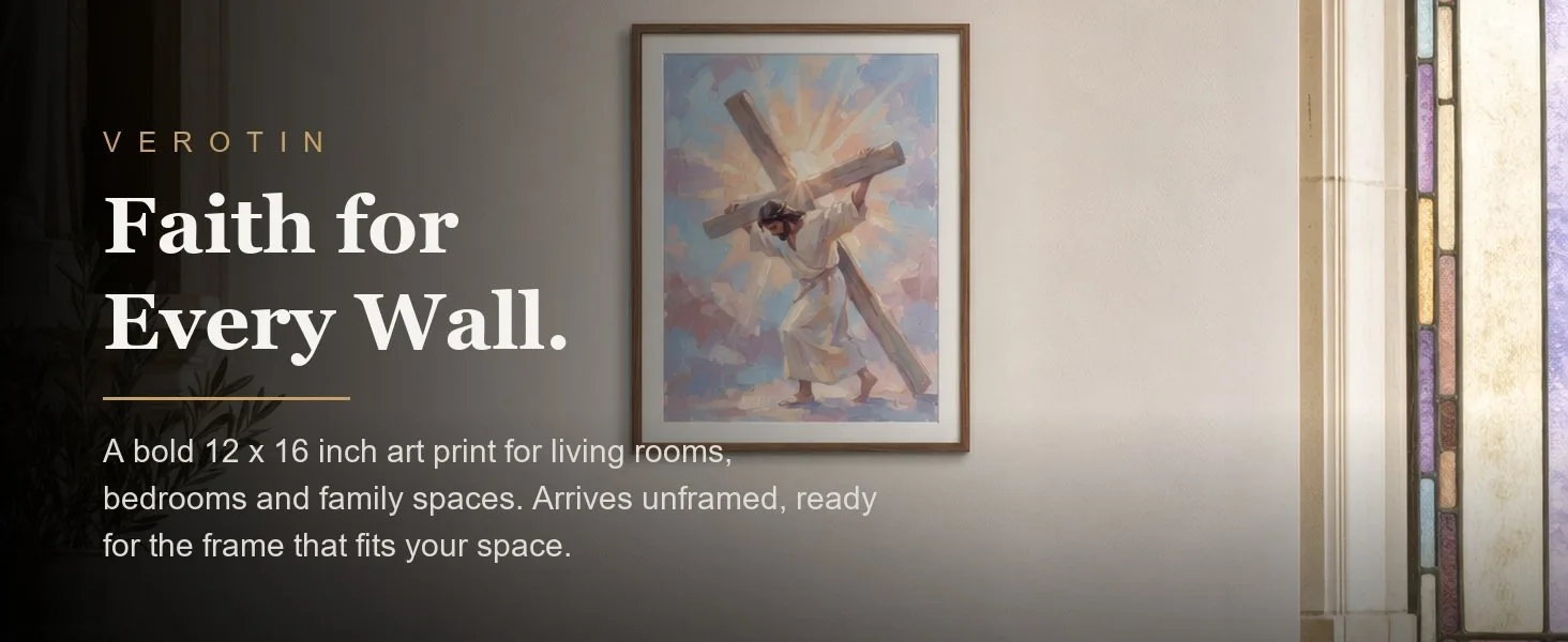 Carrying the Cross in a styled room. Arrives unframed, 12 x 16 in.