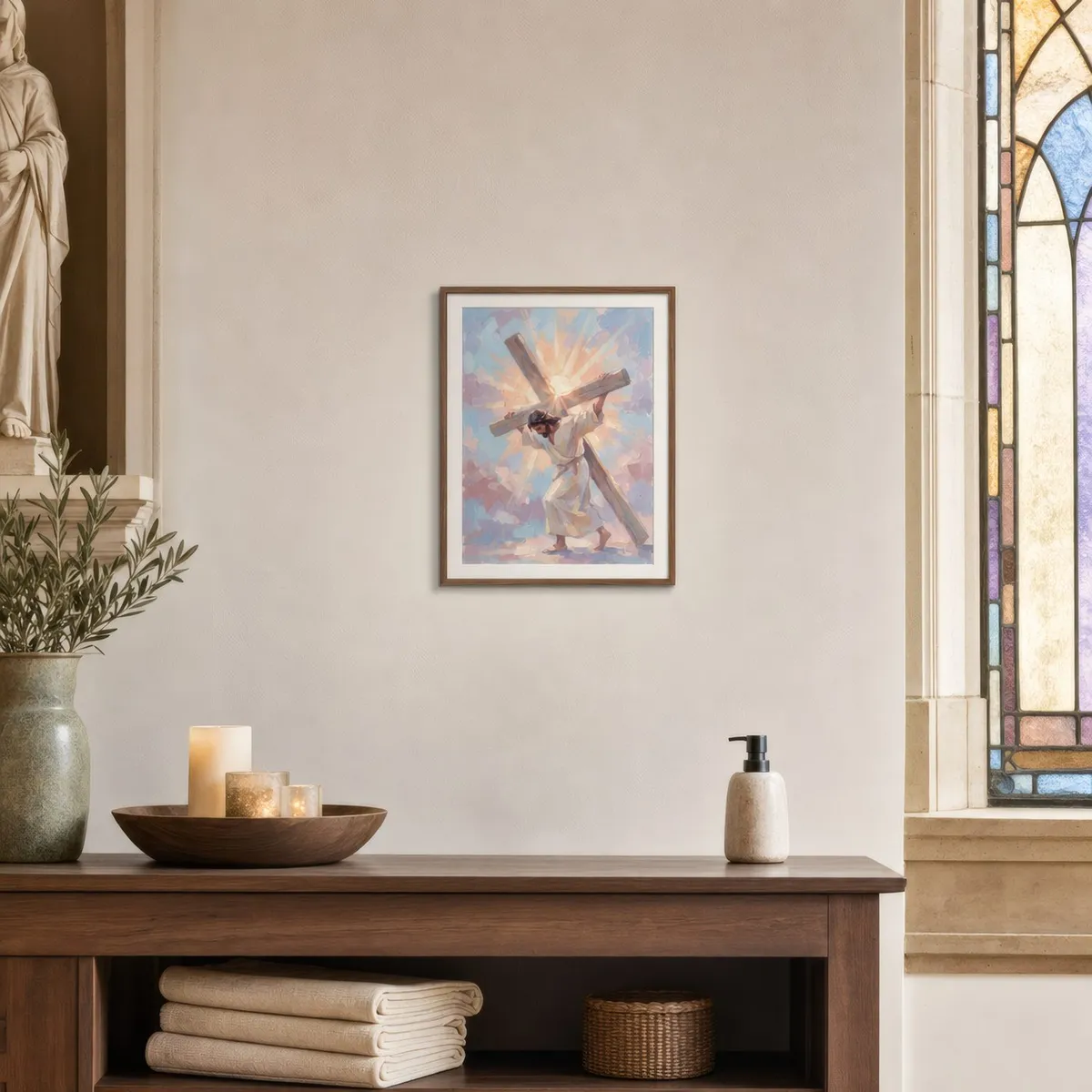 Carrying the Cross: Styled room, from the listing. Frame not included