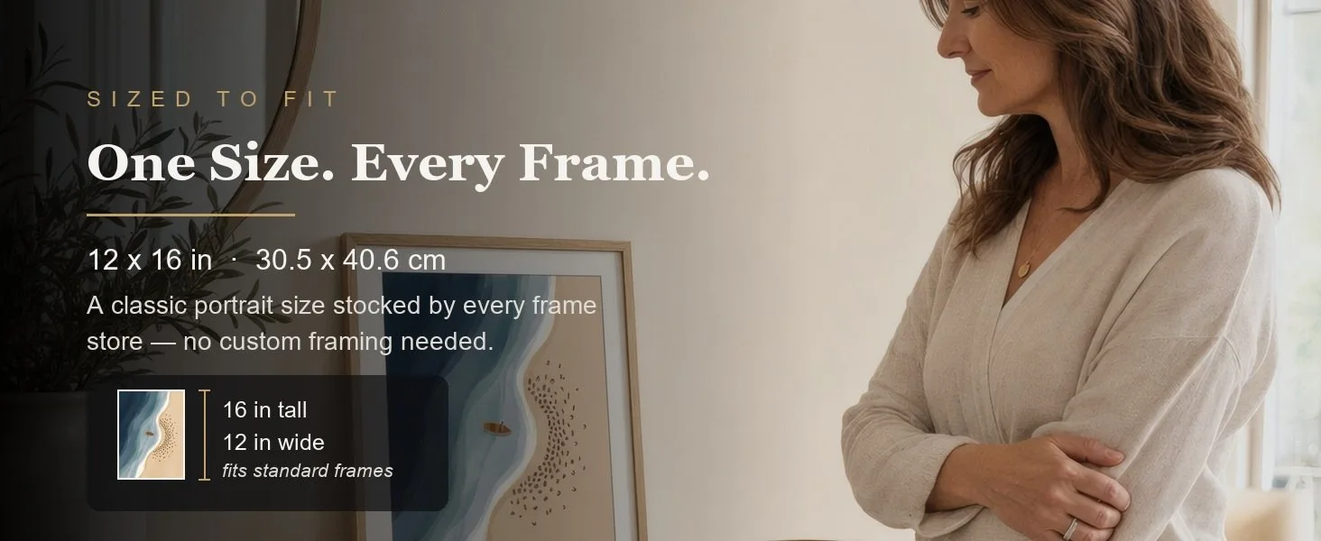 Sized to fit: 12 x 16 in, 30.5 x 40.6 cm, a standard portrait size stocked by every frame store.