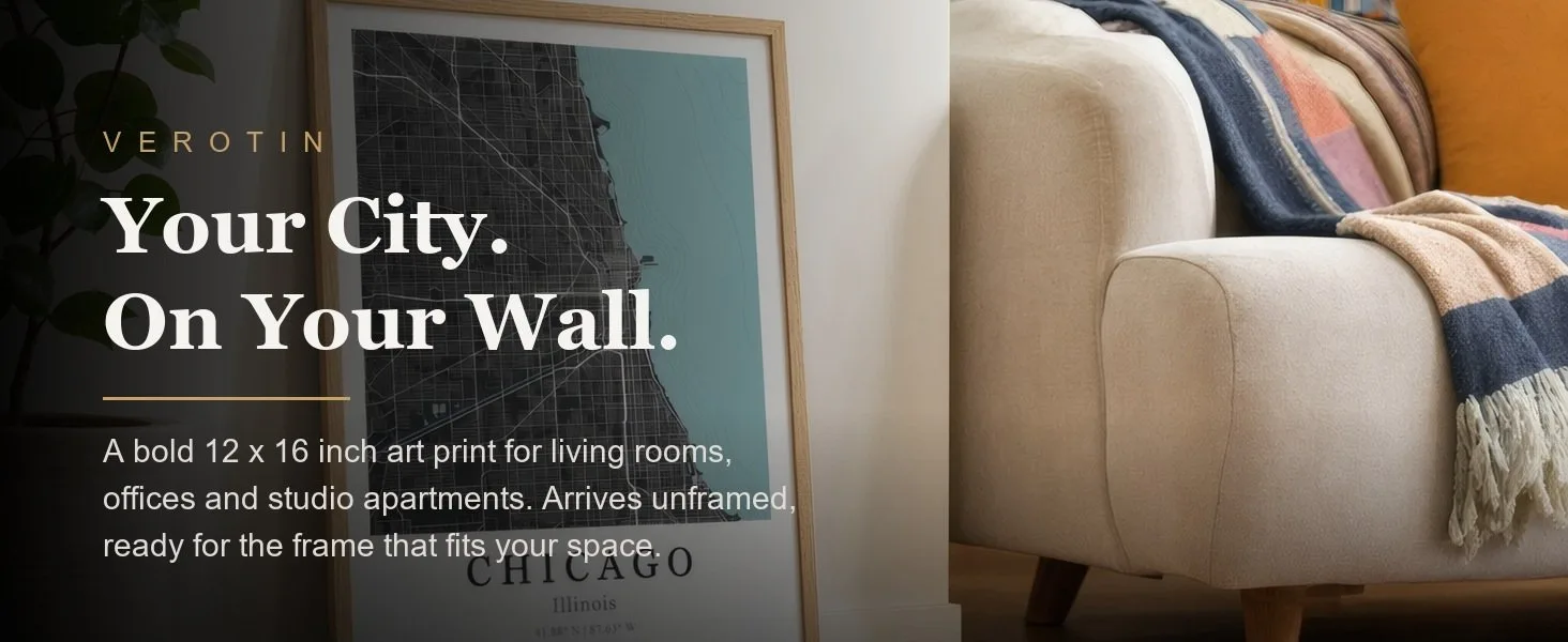 Chicago Map in a styled room. Arrives unframed, 12 x 16 in.