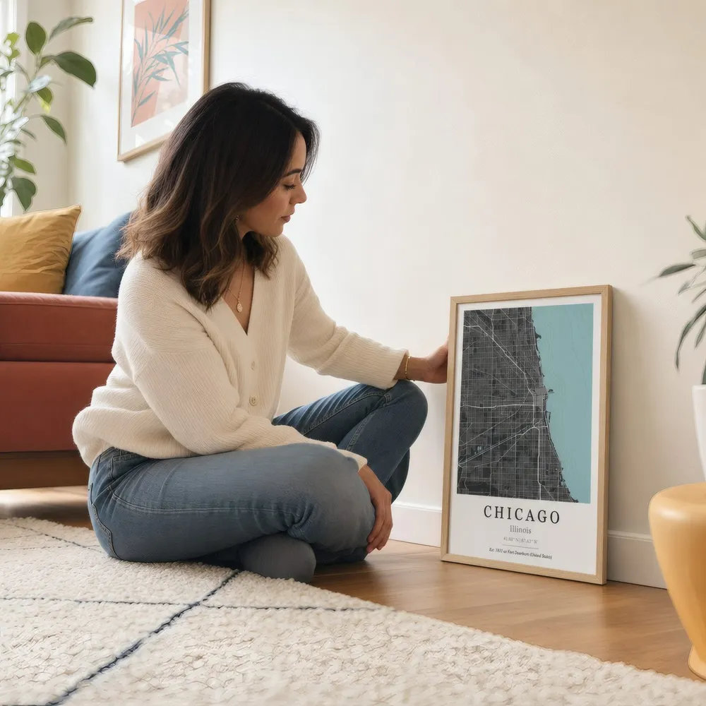Chicago Map: Styled room, from the listing. Frame not included