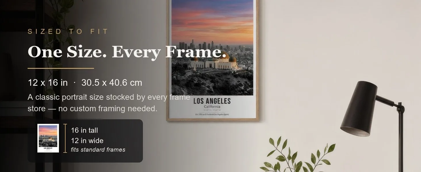 Sized to fit: 12 x 16 in, 30.5 x 40.6 cm, a standard portrait size stocked by every frame store.