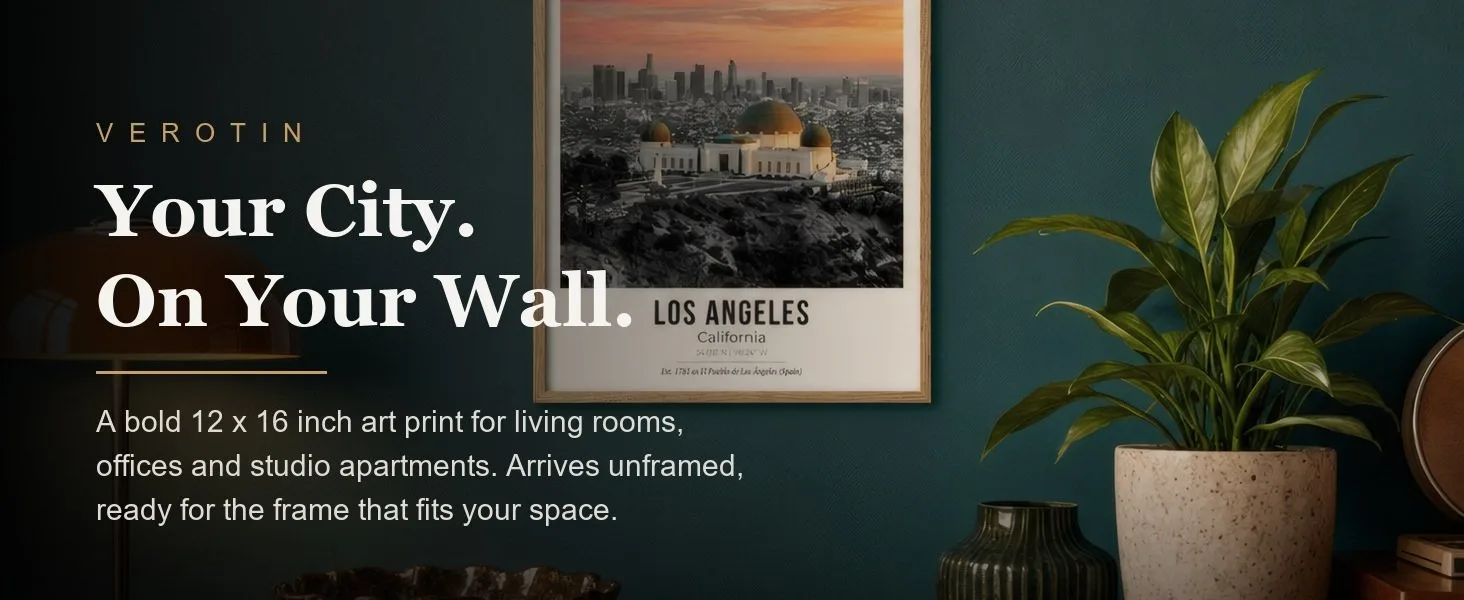 Los Angeles at Dusk in a styled room. Arrives unframed, 12 x 16 in.