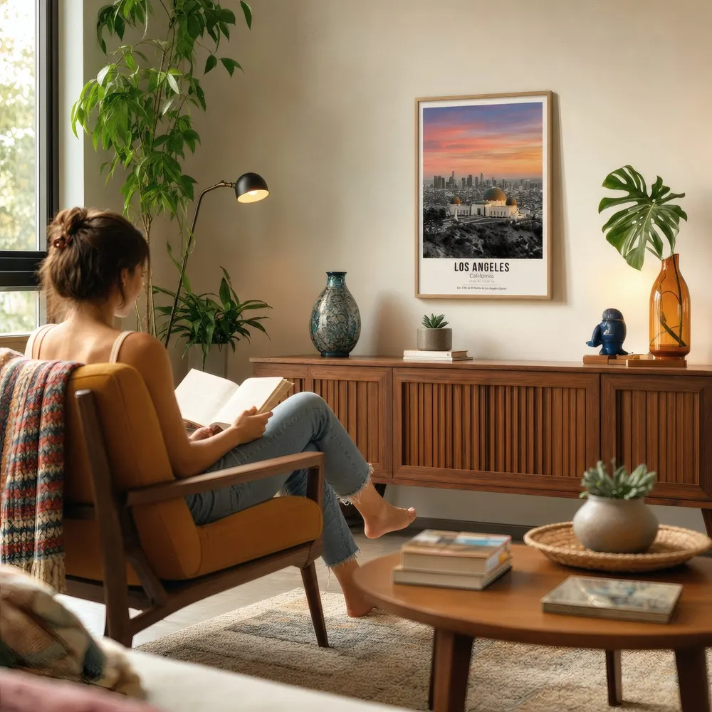 Los Angeles at Dusk: Styled room, from the listing. Frame not included