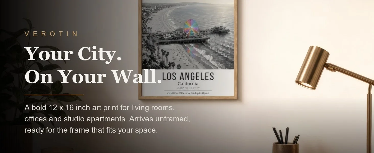Santa Monica in a styled room. Arrives unframed, 12 x 16 in.
