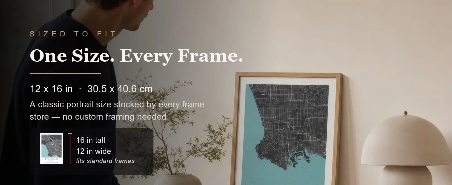 Sized to fit: 12 x 16 in, 30.5 x 40.6 cm, a standard portrait size stocked by every frame store.