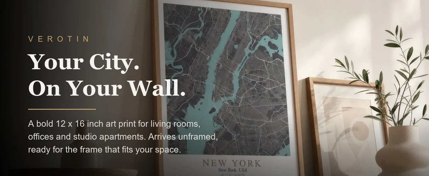 New York Map in a styled room. Arrives unframed, 12 x 16 in.