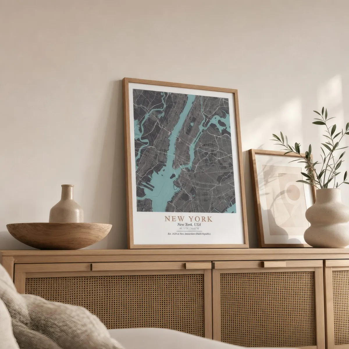 New York Map: Styled room, from the listing. Frame not included