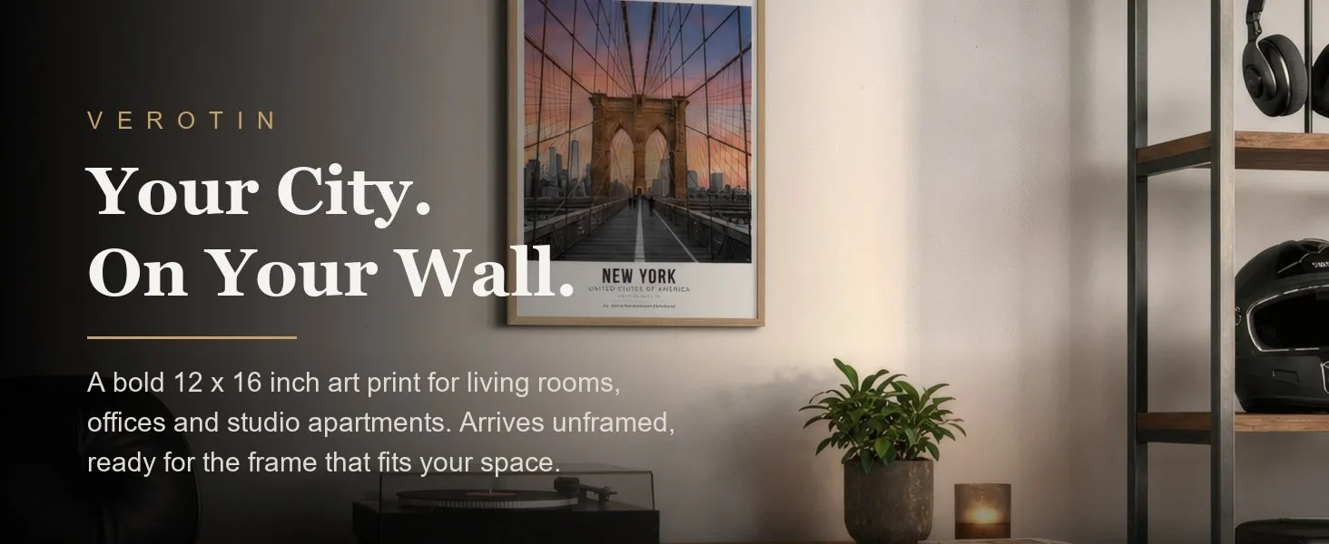 Brooklyn Bridge in a styled room. Arrives unframed, 12 x 16 in.
