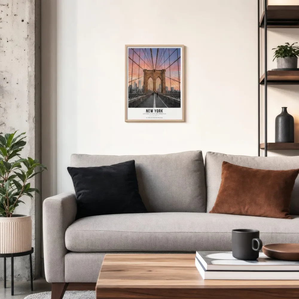 Brooklyn Bridge: Styled room, from the listing. Frame not included