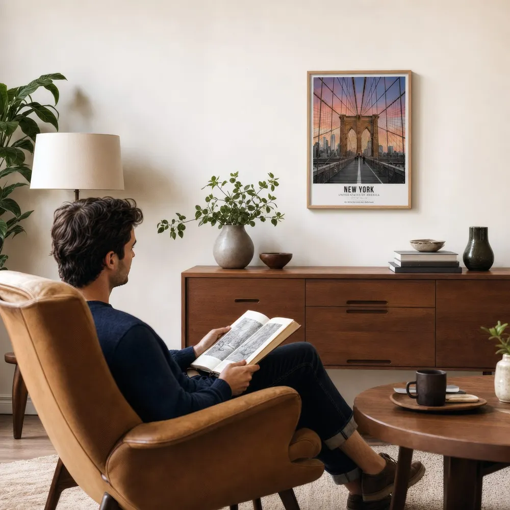 Brooklyn Bridge: Styled room, from the listing. Frame not included