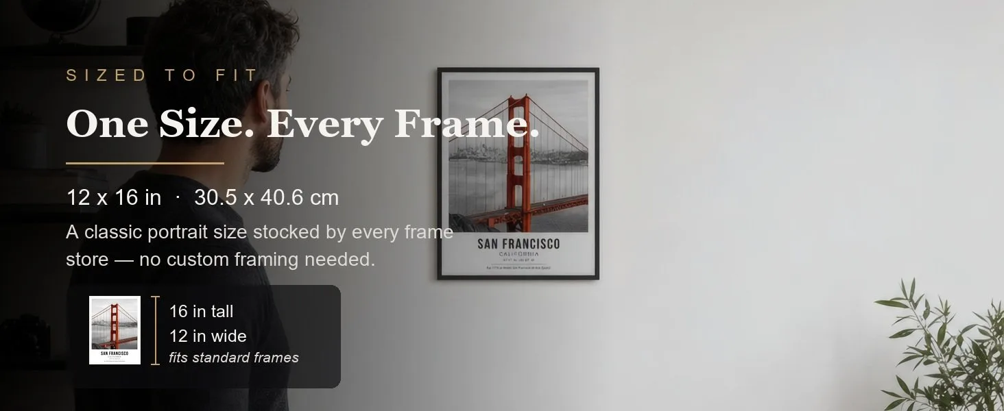 Sized to fit: 12 x 16 in, 30.5 x 40.6 cm, a standard portrait size stocked by every frame store.