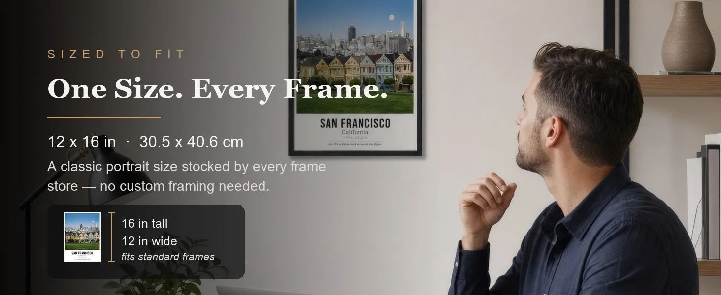 Sized to fit: 12 x 16 in, 30.5 x 40.6 cm, a standard portrait size stocked by every frame store.