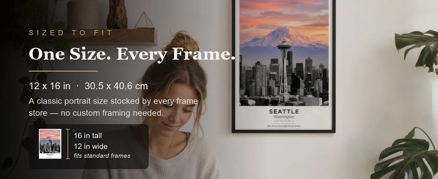 Sized to fit: 12 x 16 in, 30.5 x 40.6 cm, a standard portrait size stocked by every frame store.