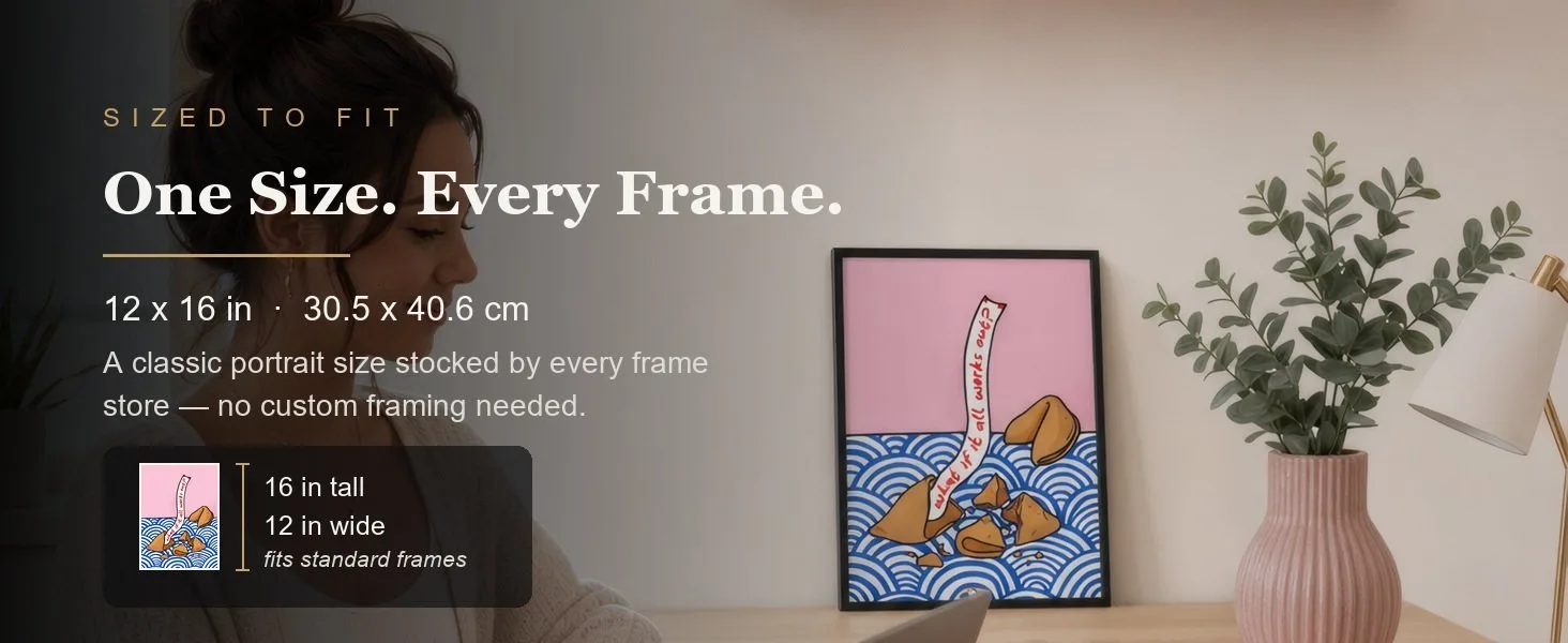 Sized to fit: 12 x 16 in, 30.5 x 40.6 cm, a standard portrait size stocked by every frame store.