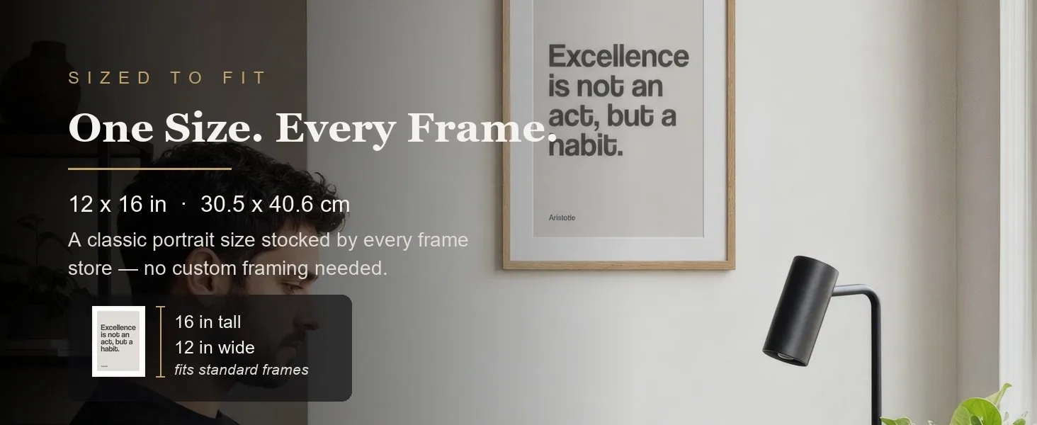 Sized to fit: 12 x 16 in, 30.5 x 40.6 cm, a standard portrait size stocked by every frame store.