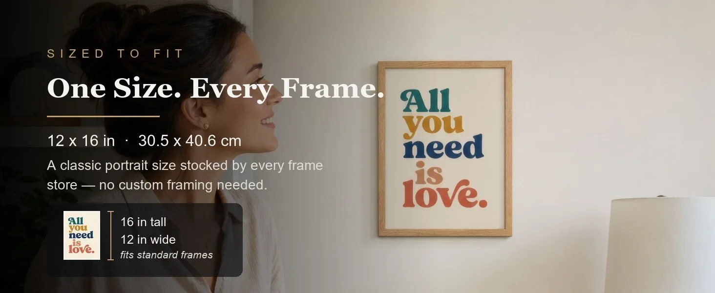 Sized to fit: 12 x 16 in, 30.5 x 40.6 cm, a standard portrait size stocked by every frame store.
