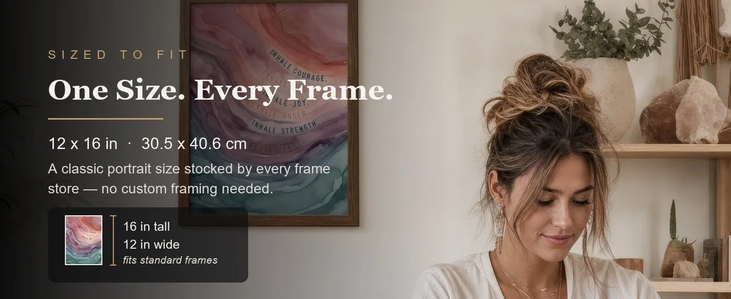 Sized to fit: 12 x 16 in, 30.5 x 40.6 cm, a standard portrait size stocked by every frame store.